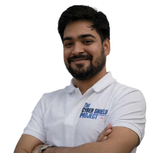 Advocate Rishabh, Managing Director of Naksh Foundation, wearing the official T-shirt with the project cybershield's logo.